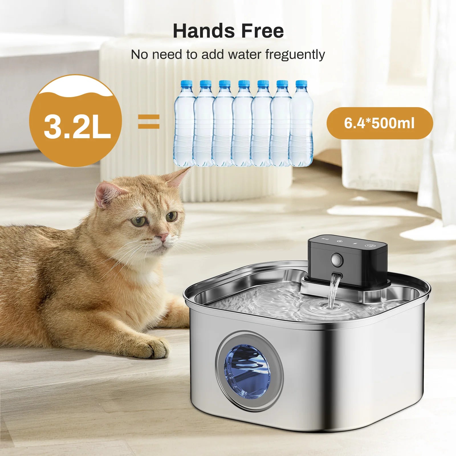 Fontaine À Eau Sans Fil Pour Animaux De Compagnie, 3,2 L, Acier Inoxydable, Batterie 62, Capteur De Mouvement, Fontaine Filtrée Silencieuse Pour Chat Et Chien